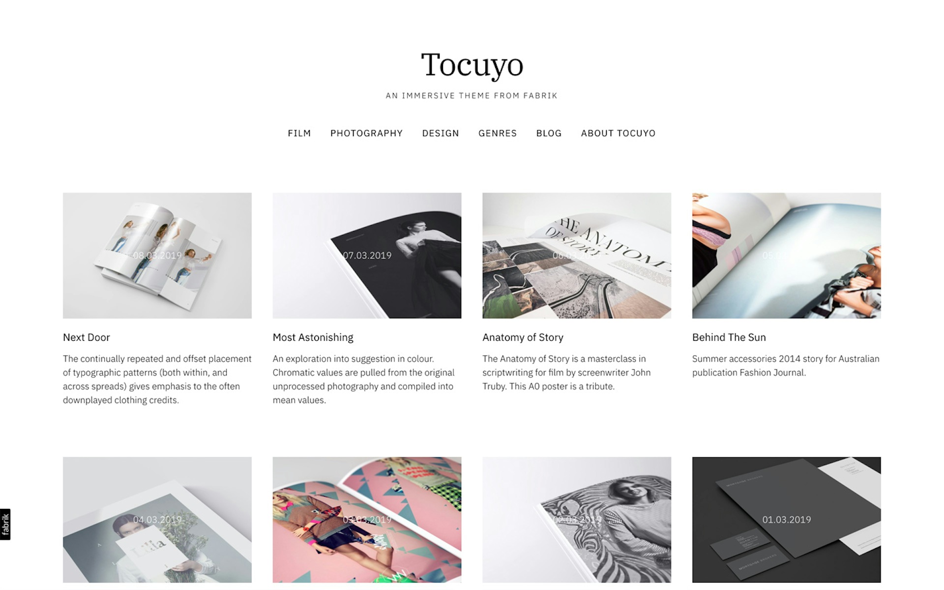 Tocuyo theme for Fabrik portfolio website